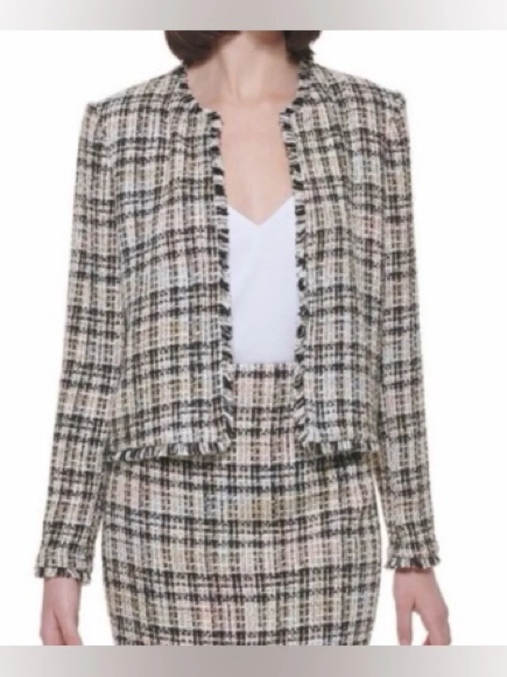 Calvin Klein women 14 large skirt pencil knee Black White Cream Plaid Tweed nwt